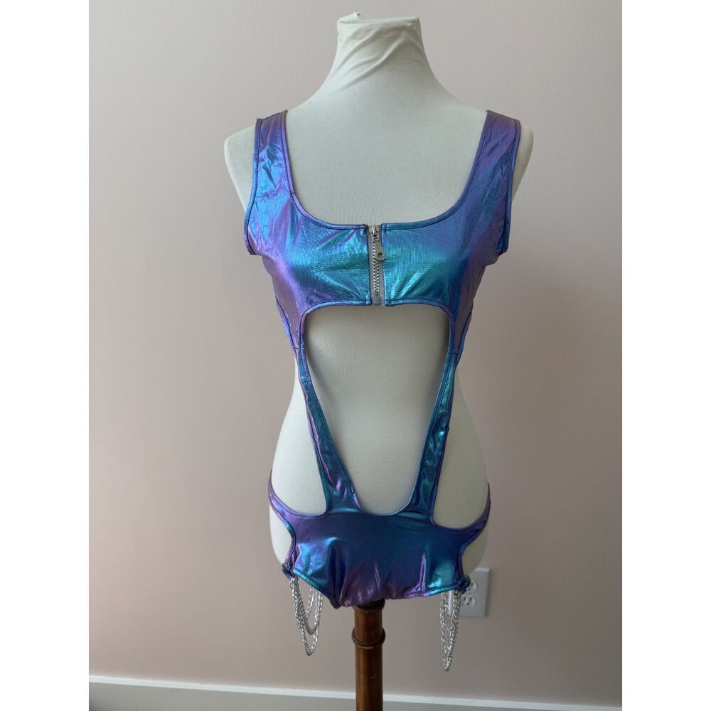Dolls Kill Club Exx Indigo Iridescent Atomic Bliss Cut-Out Bodysuit NWT XL